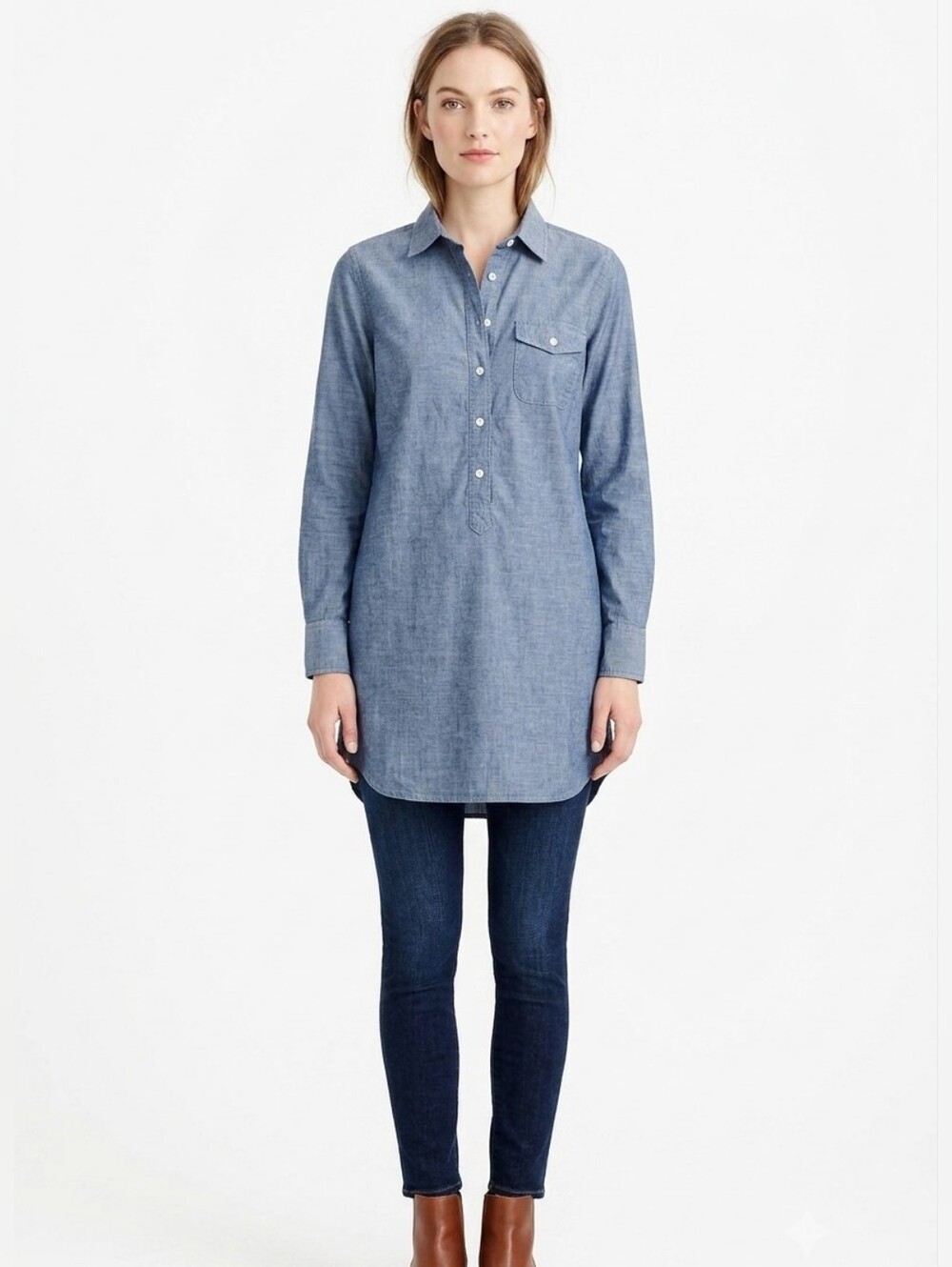 J.Crew Blue Chambray Denim Shirt Mini Dress XS Roll Tab Long Sleeve Cotton Tunic